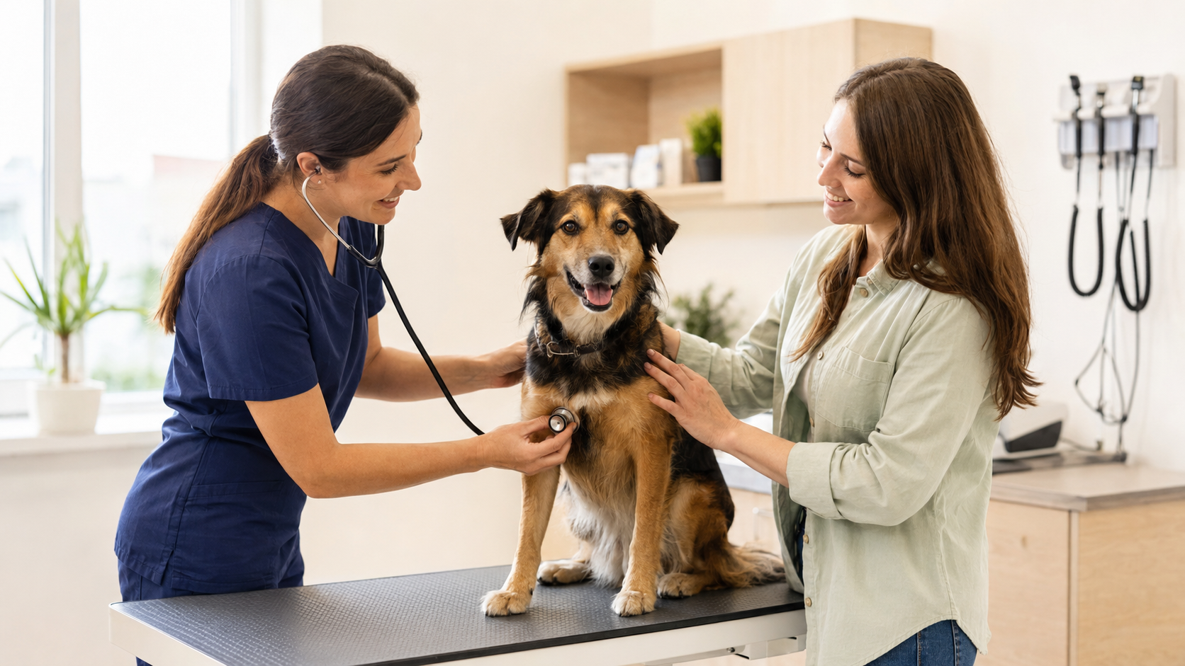 Cachorro sendo examinado com tranquilidade em uma consulta veterinária