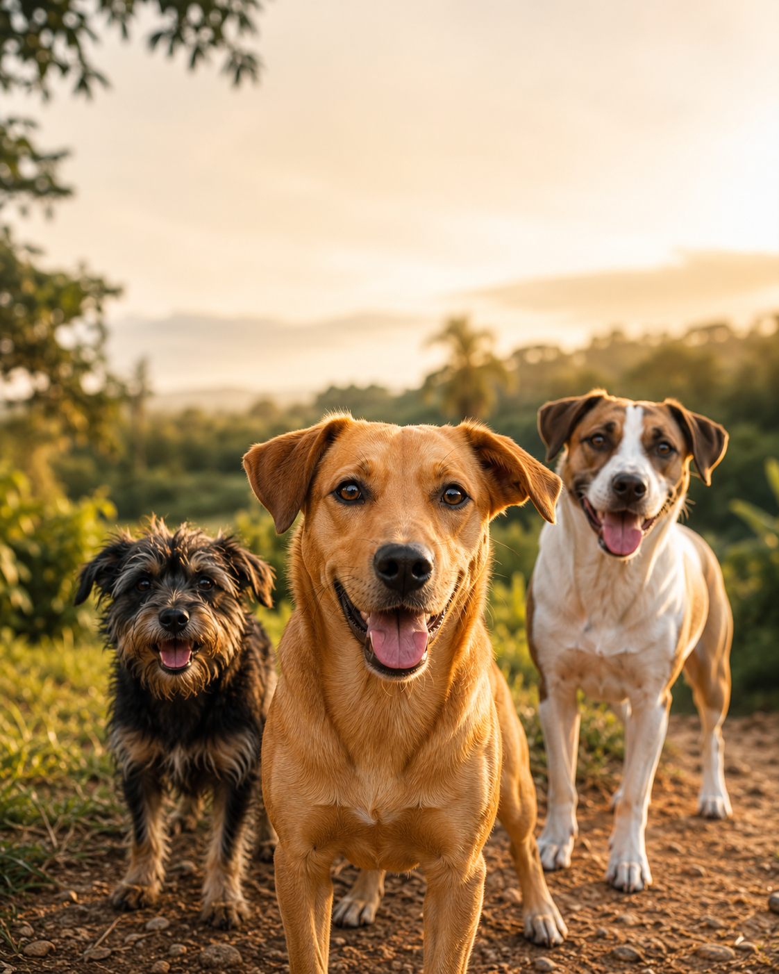 Três cães sem raça definida felizes em um ambiente natural, com um vira-lata caramelo em destaque