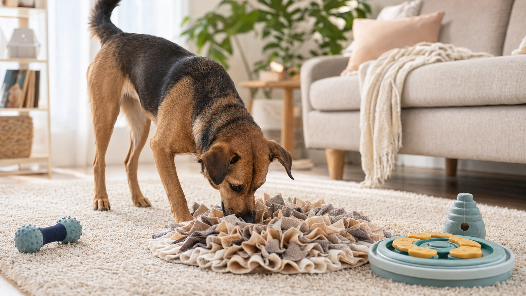 Cachorro brincando com atividades de enriquecimento ambiental