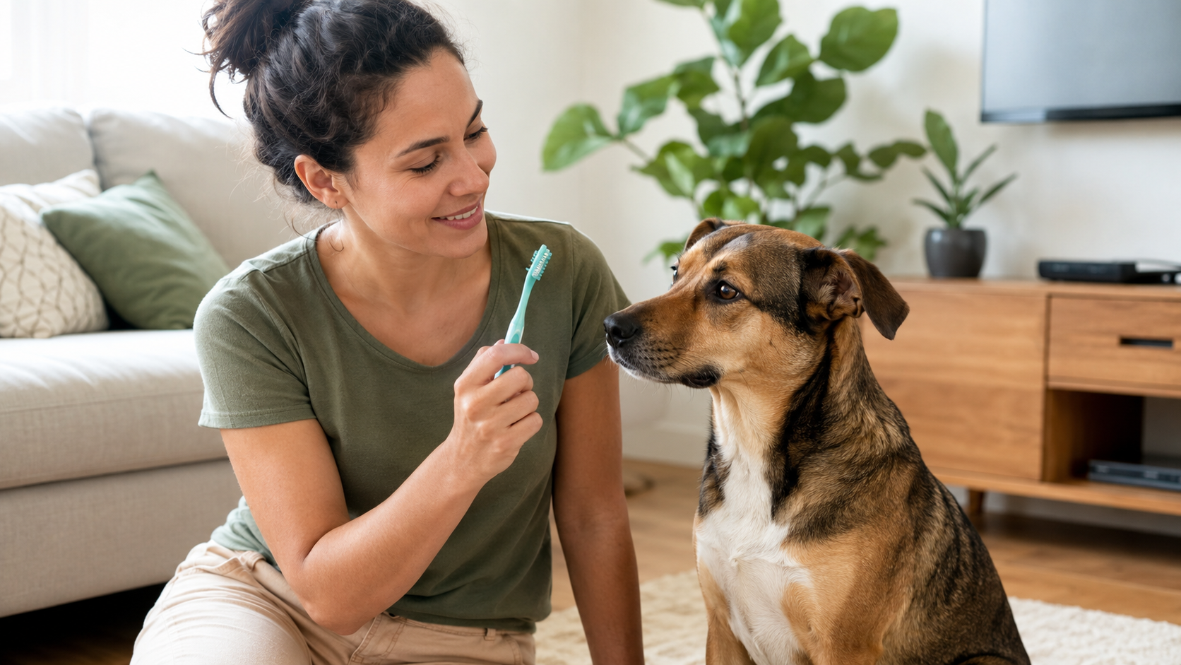 Tutora apresentando uma escova dental própria para cães a um cachorro tranquilo
