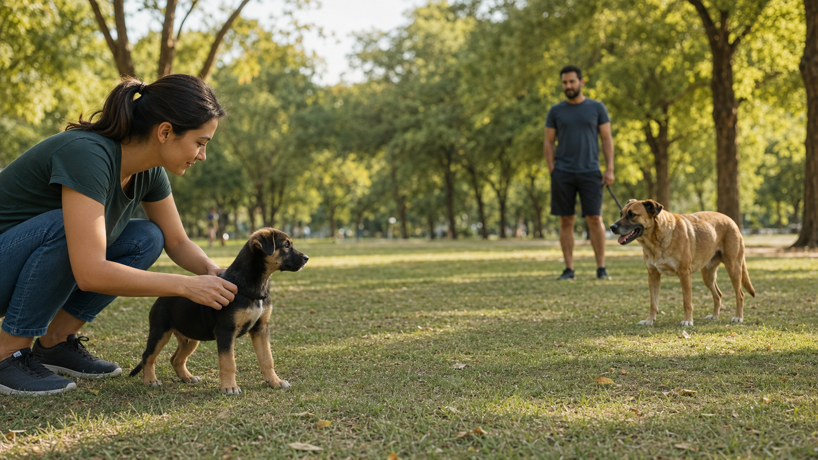 Filhote observando calmamente pessoas e um cão adulto em um parque